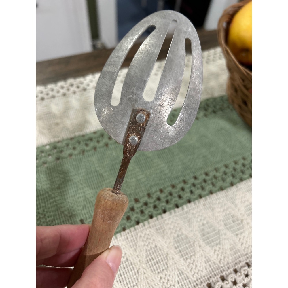 Vintage Slotted Serving Spoon Wood Handle Primitive Farmhouse Kitchen